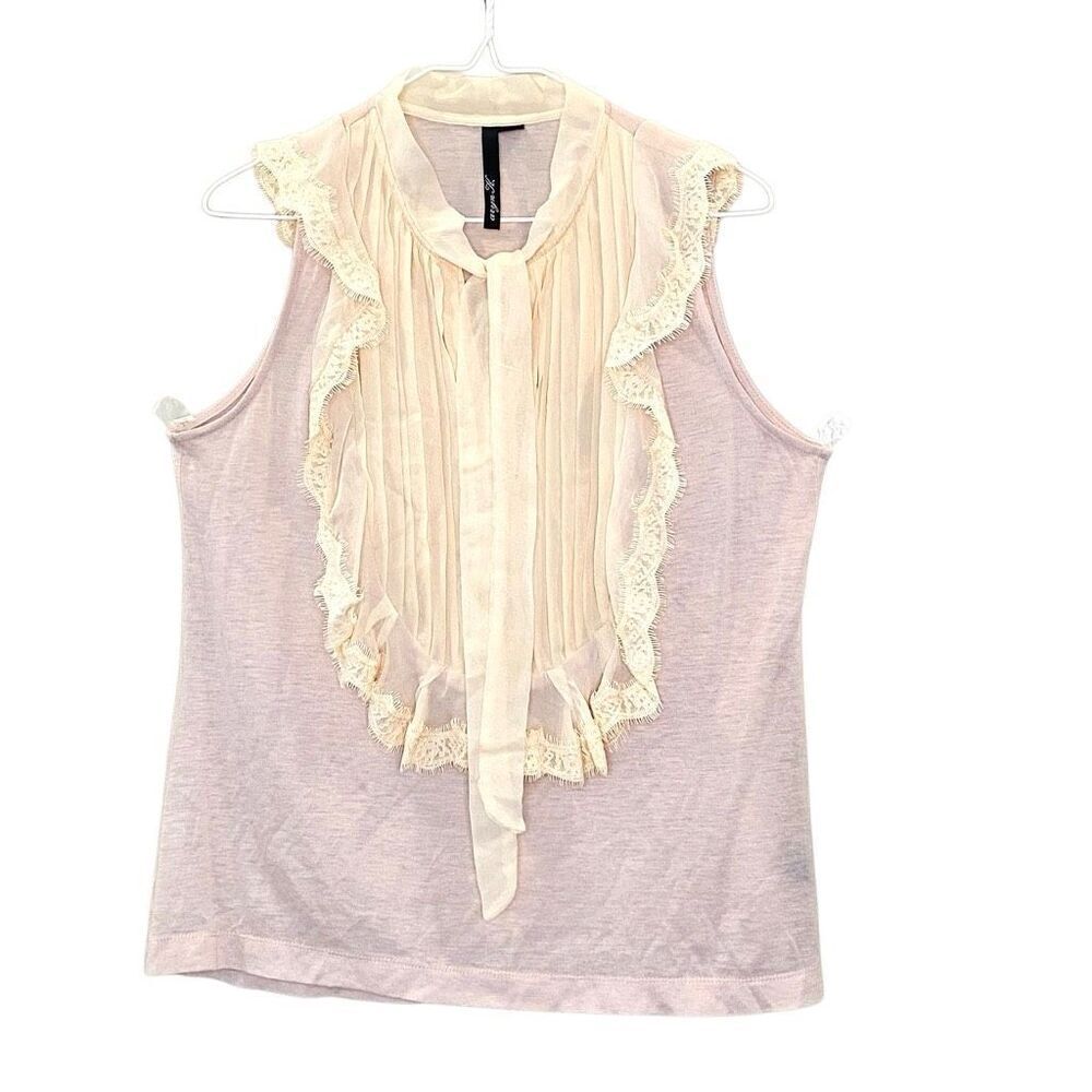 Aryn K. Pleated Sheer Bib Trim Tie Neck Sleeveless Wool Silk Blouse Cream Medium
